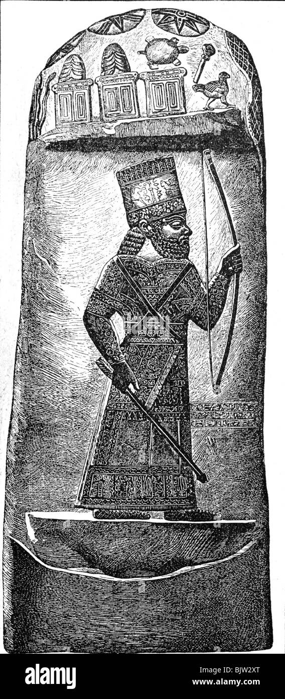 Nebukadnetsar II, re di babilonia, 605 - 562 a.C., dopo antico rilievo da una pietra di confine, incisione in legno, 19th secolo, Foto Stock