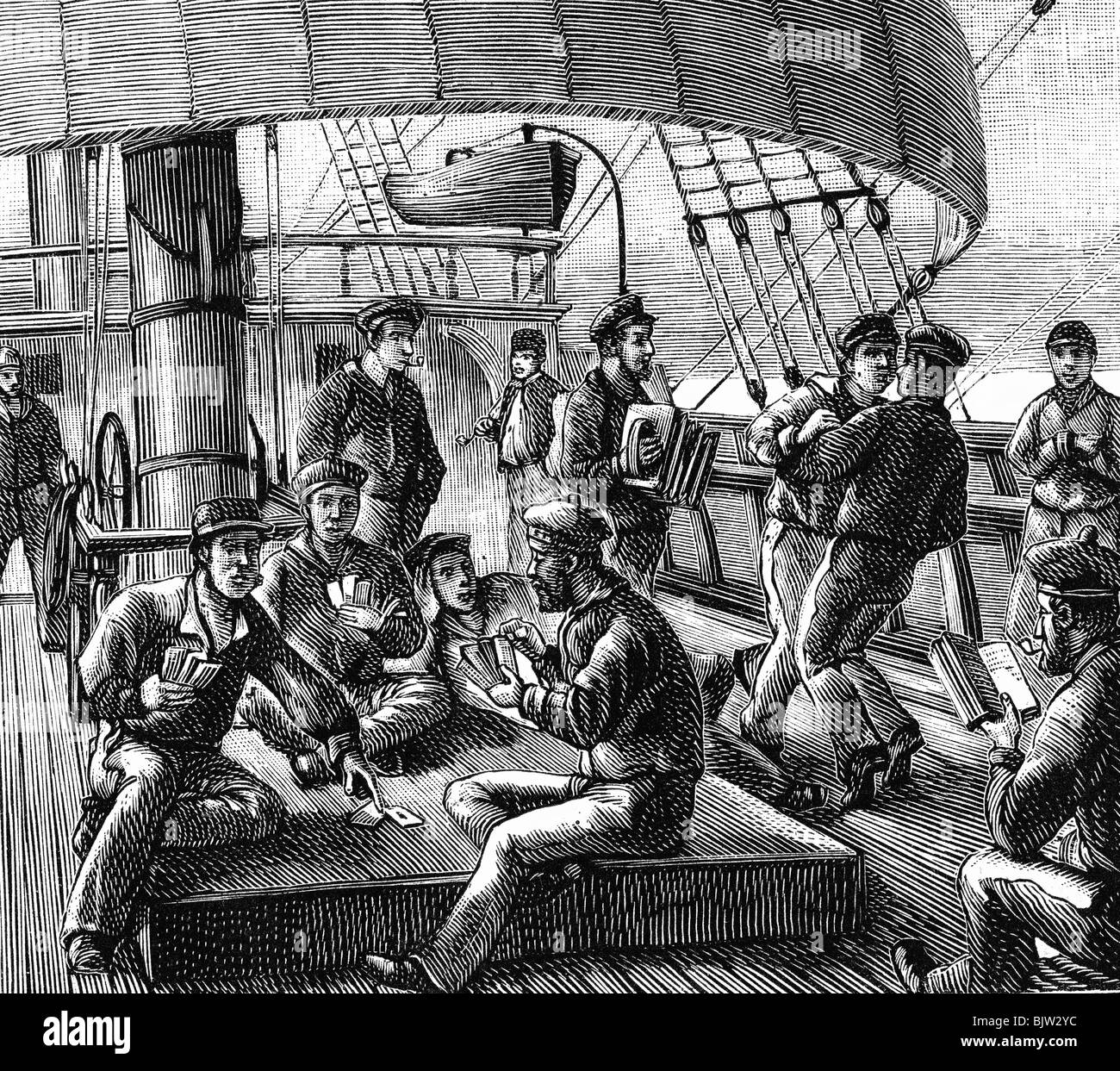 Trasporto / trasporto, navigazione, vita e lavoro, domenica pomeriggio libero su boad, incisione in legno dopo disegno di Carl Schildt, 1887, Foto Stock