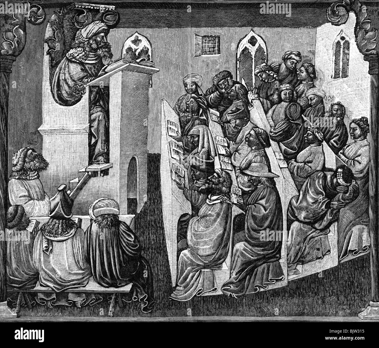 Istruzione, università, Henricus de Allemania tenuta una lezione di etica, incisione del legno da R. Bona dopo la pittura da Laurentius de Voltalina, inizio 15th secolo, storico, storico, leggio, professore, studenti, sala conferenze, auditorium, Medioevo, persone, Foto Stock