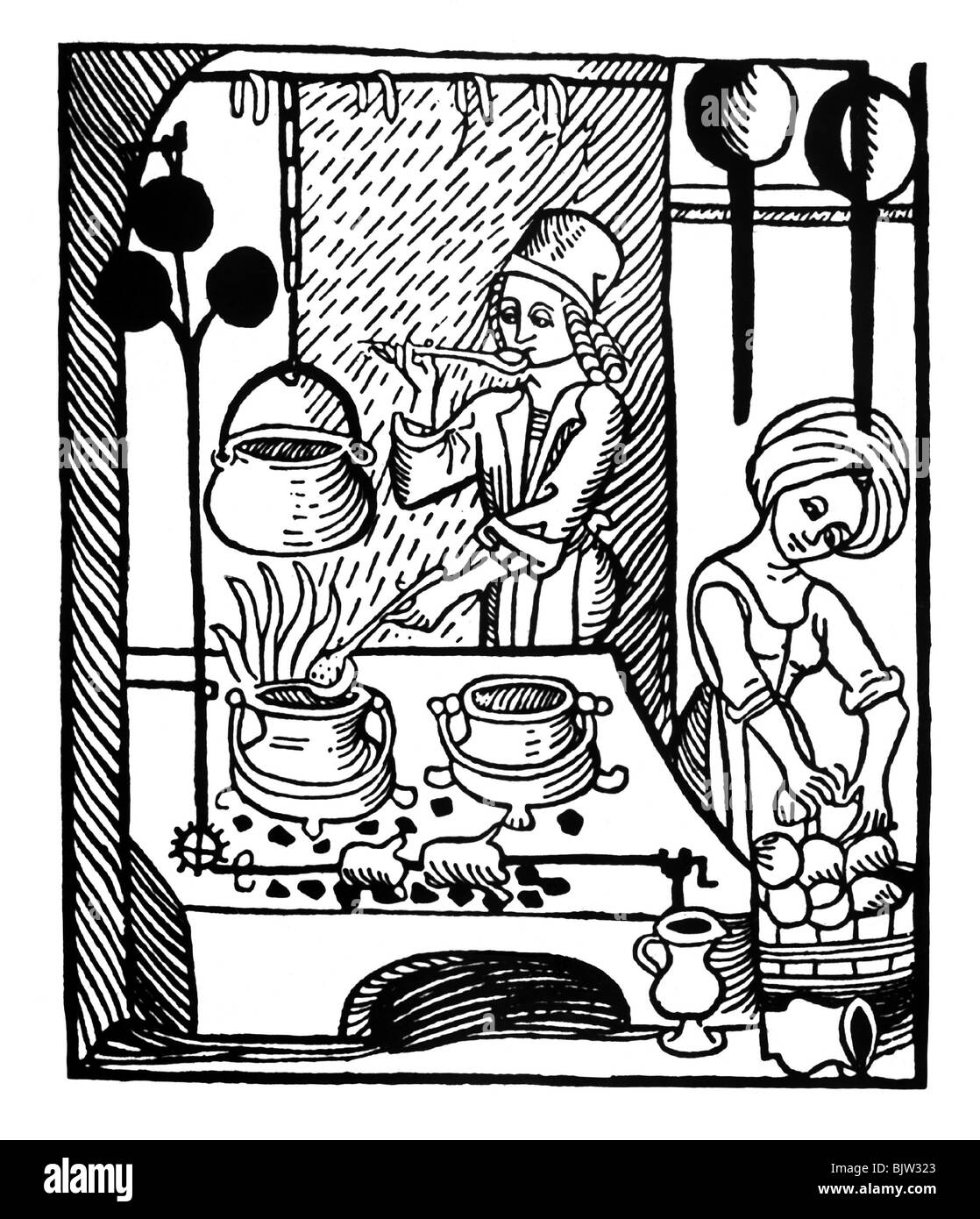 Gastronomia, cucina, cuoco e cameriera durante il lavoro, la xilografia a 'Kuechenmeisterei' da Peter Wagner, Norimberga, 1486, Augsburg, 1507, Foto Stock