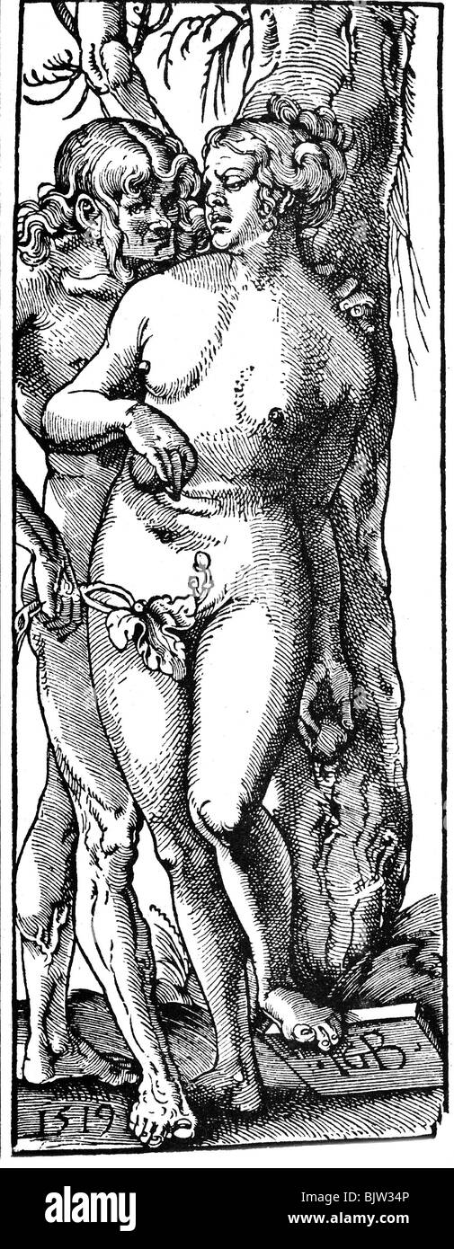 Religione, scene bibliche, Adamo ed Eva, incisione in legno di Hans Baldung (Grien), 1519, Foto Stock