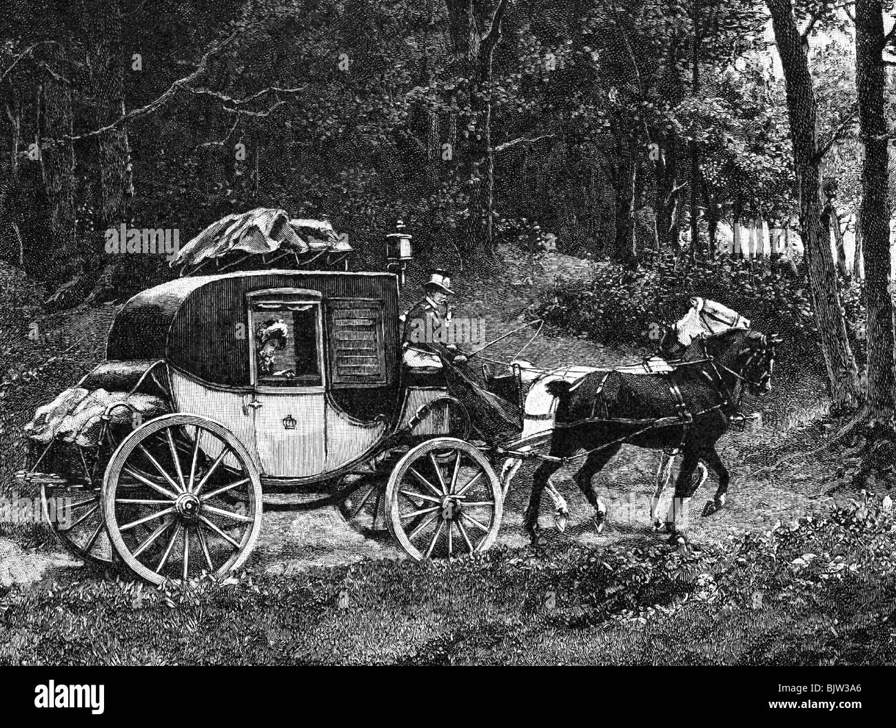 Mail / post, mail coach, coach in foresta, dopo la pittura di P.P.Messerschmidt, incisione del legno, Germania, 19th secolo, storico, storico, mail coach, pullman, carrozza, carrozza, carrozze, trasporto, trasporto, veicolo, veicoli, corriere, messaggero, intelligencer, corrieri, messaggeri, intelligitori, per corriere, persone, Foto Stock
