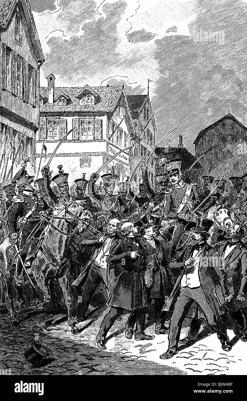 Rivoluzione 1848 - 1849, Wuerttemberg, brillamento del Parlamento di Rump, Stoccarda, 1849, poi incisione del legno, 19th secolo, 1840s, 19th secolo, storico, storico, parlamento, parlamenti, militare, arresto, sotto arresto, politica, deputato, assemblyman, membro del Parlamento, delegato, rappresentante, Germania, popolo, Foto Stock