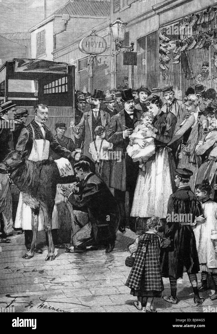 Medicina, malattie epidemiche, vaiolo, vaccinazione d'emergenza in una strada a Parigi durante la grande pandemia del 1867, Foto Stock