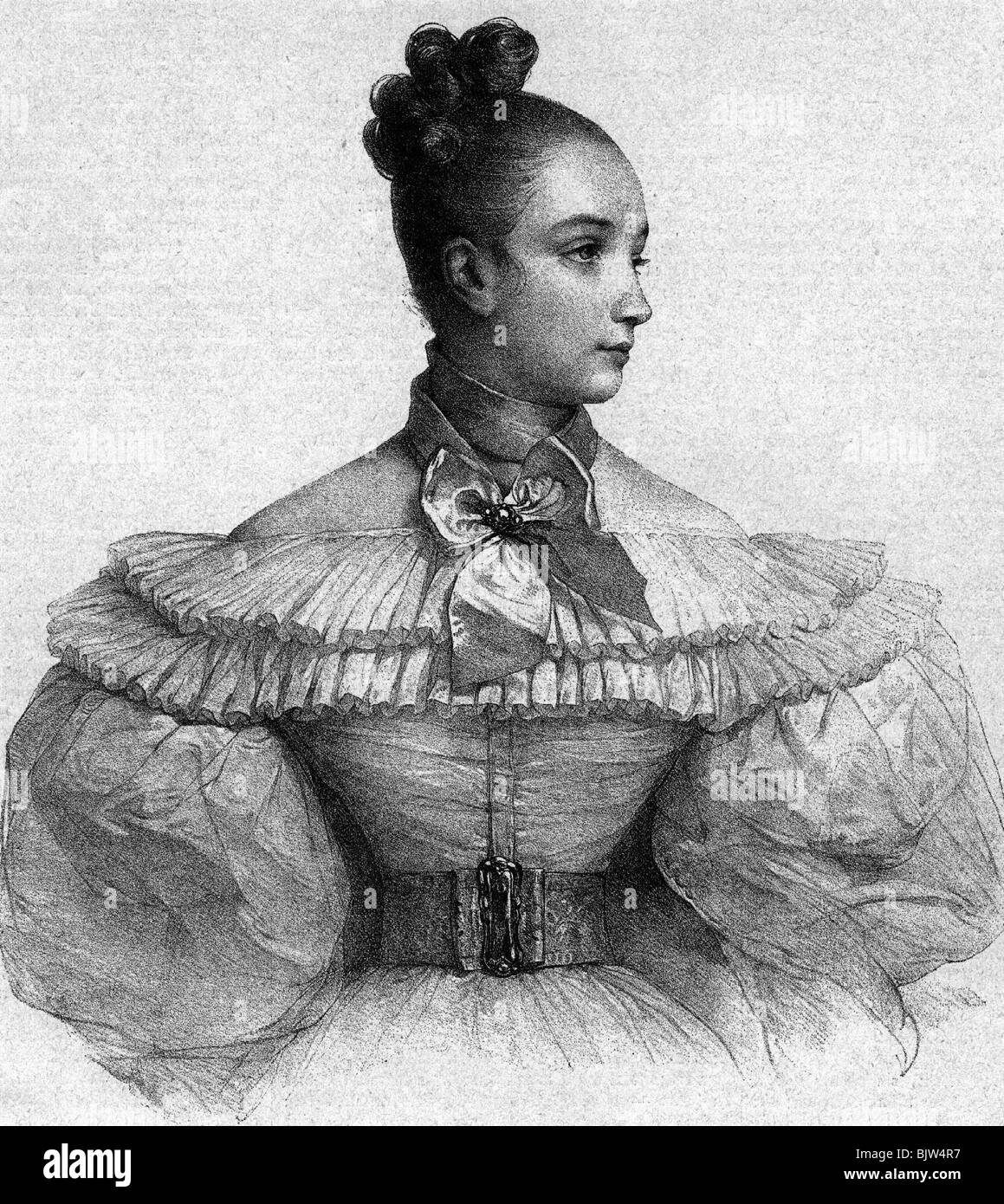 Moda, moda ladie, 19th secolo, abito con manica puffy, incisione in legno, illustrazione 'Frederike' al romanzo 'Aus alter Zeit' (Da tempi antichi), Foto Stock