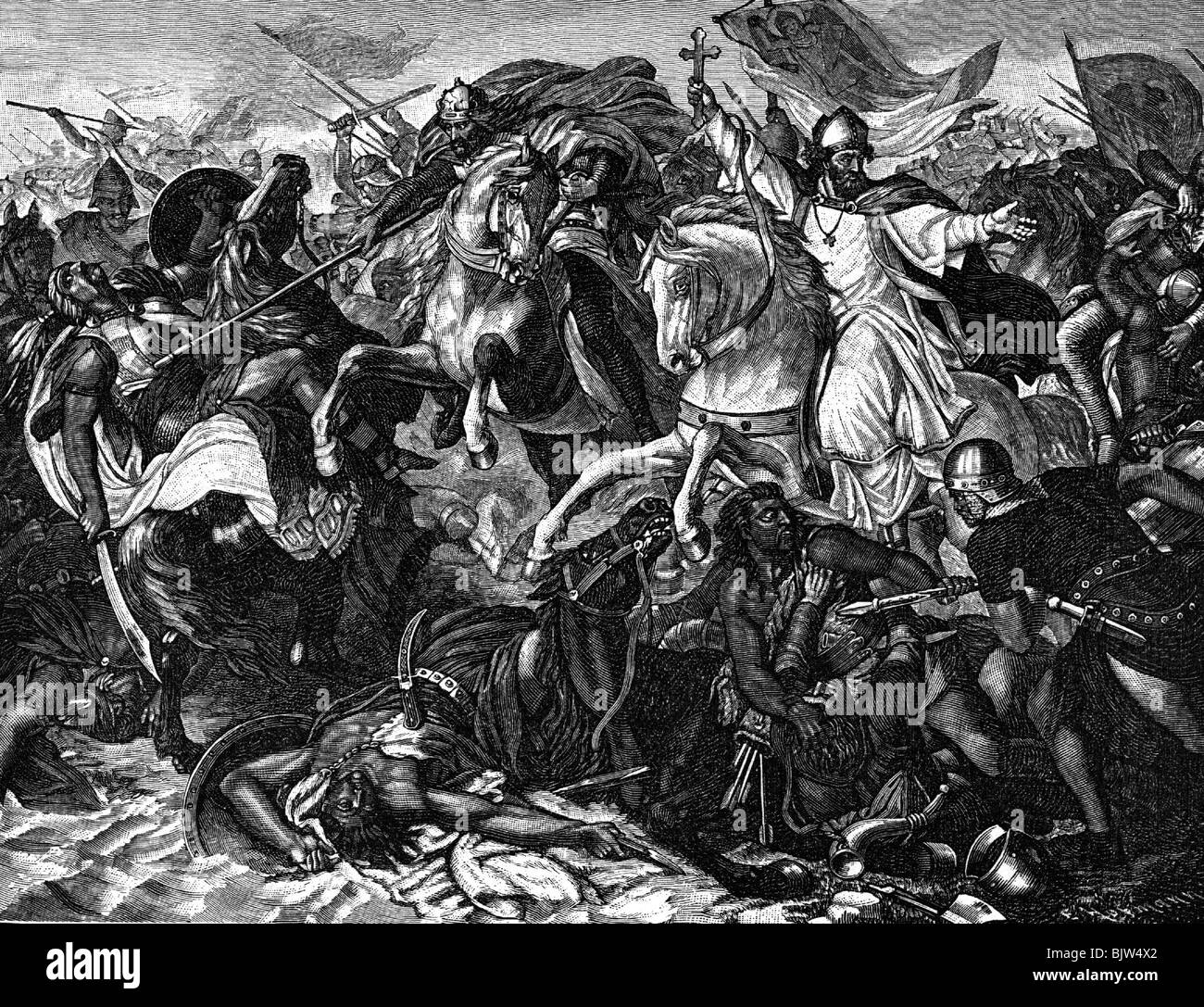 Medioevo, invasioni di ungherese, Lechfeld battaglia vicino ad Augusta, 955, dopo la verniciatura di Frank, incisione su legno, secolo XIX, Foto Stock