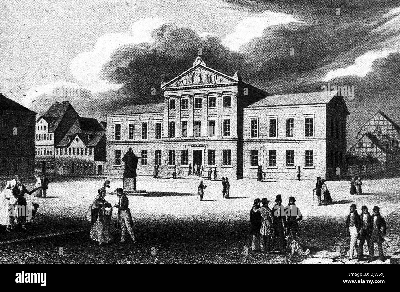 Istruzione, università, Università di Goettingen, illustrazione dopo incisione anonima di acciaio, 19th secolo, storico, storico, Germania, edificio, edifici, architettura, vivace, vista esterna, Gottingen, Göttingen, persone, Foto Stock