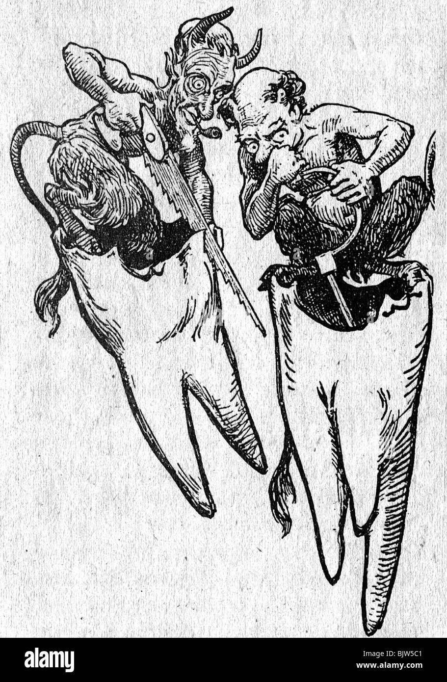 Medicina, odontoiatria, caricatura del dente virulento, disegno di Hans Tegner a "Tante Tandpine" di Hans Christian Andersen, 1900, Foto Stock
