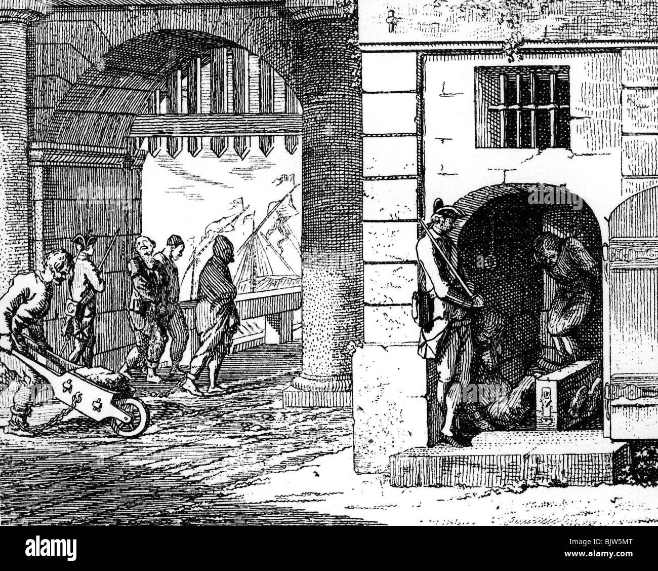 Giustizia, sistema penitenziario, sanzioni nel 18th secolo, cucina, carrello e Stockhaus, incisione di D. Chodowiecki, 1770, Foto Stock