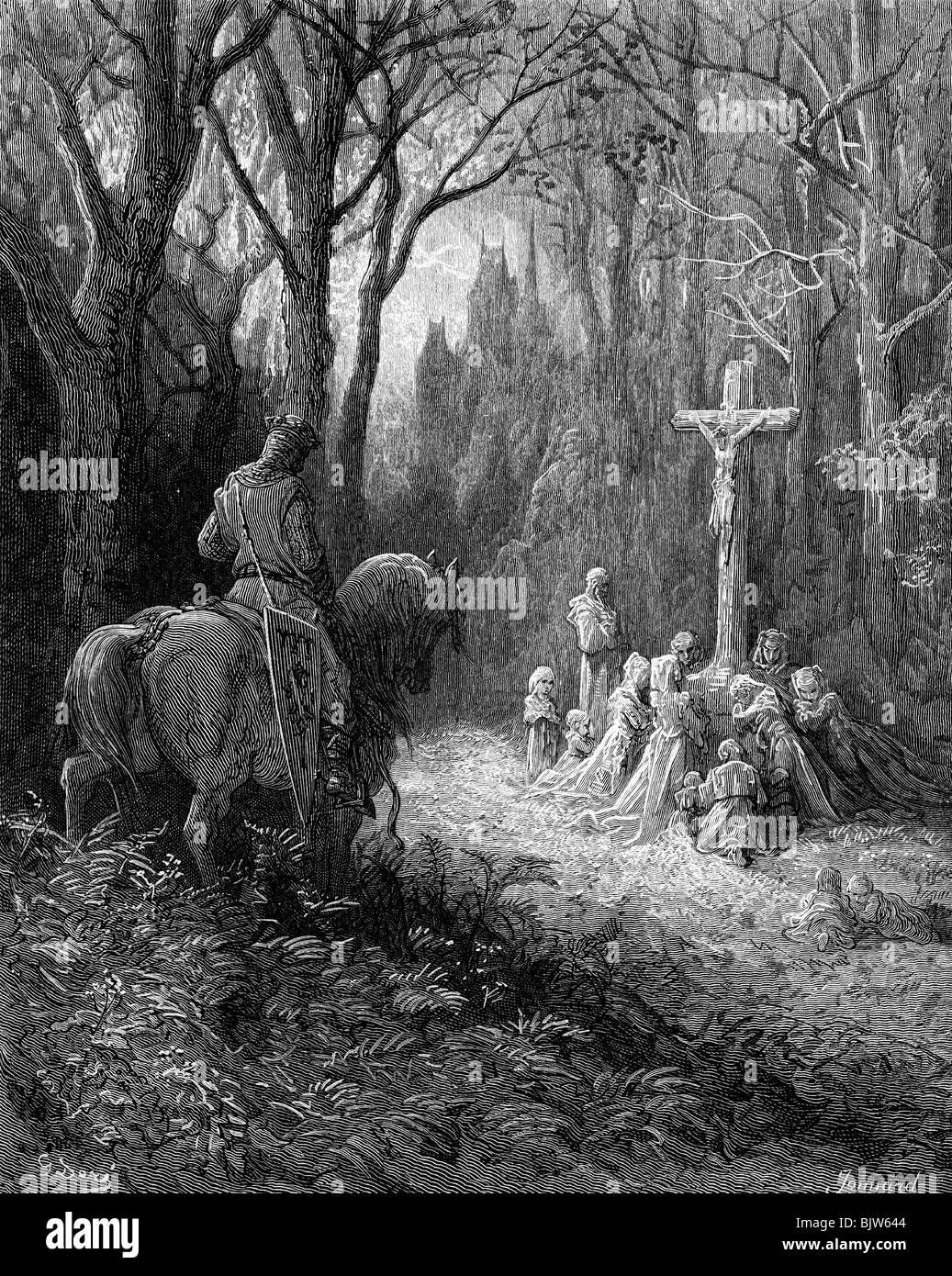 Medioevo, crociate, il ritorno a casa di un crusader dalla Terra Santa, incisione su legno da Jonnard dopo il disegno di Gustav Dore, "Histoire des Croisades' da Joseph Francois Michaud, 1875, artista del diritto d'autore non deve essere cancellata Foto Stock