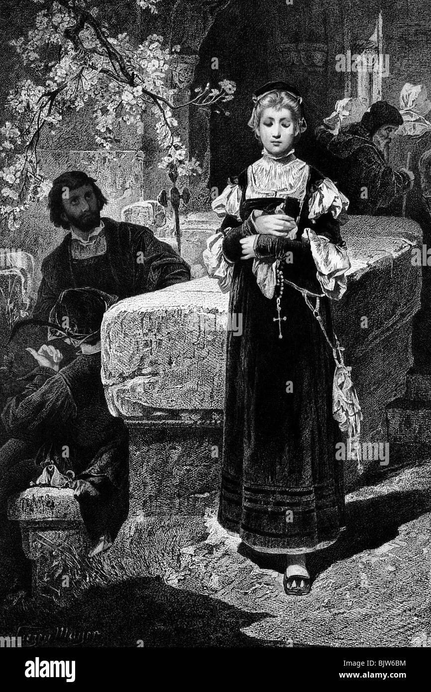 Letteratura, 'Faust i', 7th scena 'sulla strada', chiesa di Gretchen, incisione in legno di Alexander Liezen Mayer, circa 1870, Foto Stock