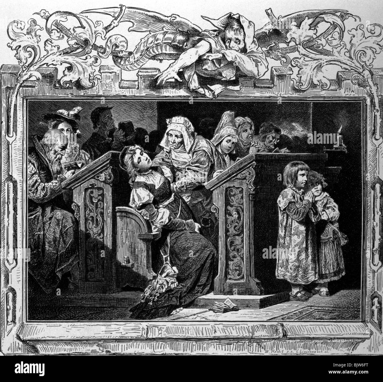 Letteratura, 'Faust i', 20th scena 'Cattedrale', scena con Gretchen, legno di W. Hecht, circa 1870, Foto Stock