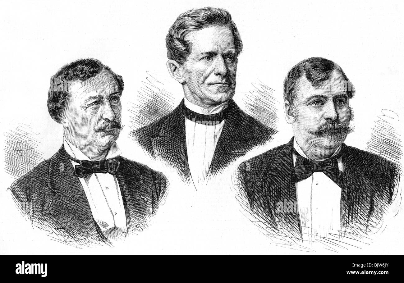 Ritratti di Joseph Tichatschek (cantante d'opera), Friedrich Oskar v. Schwarze (avvocato) e O.F. Berg (Ottokar Franz Ebersberg, poeta e giornalista), incisioni lignee, 1886, Foto Stock