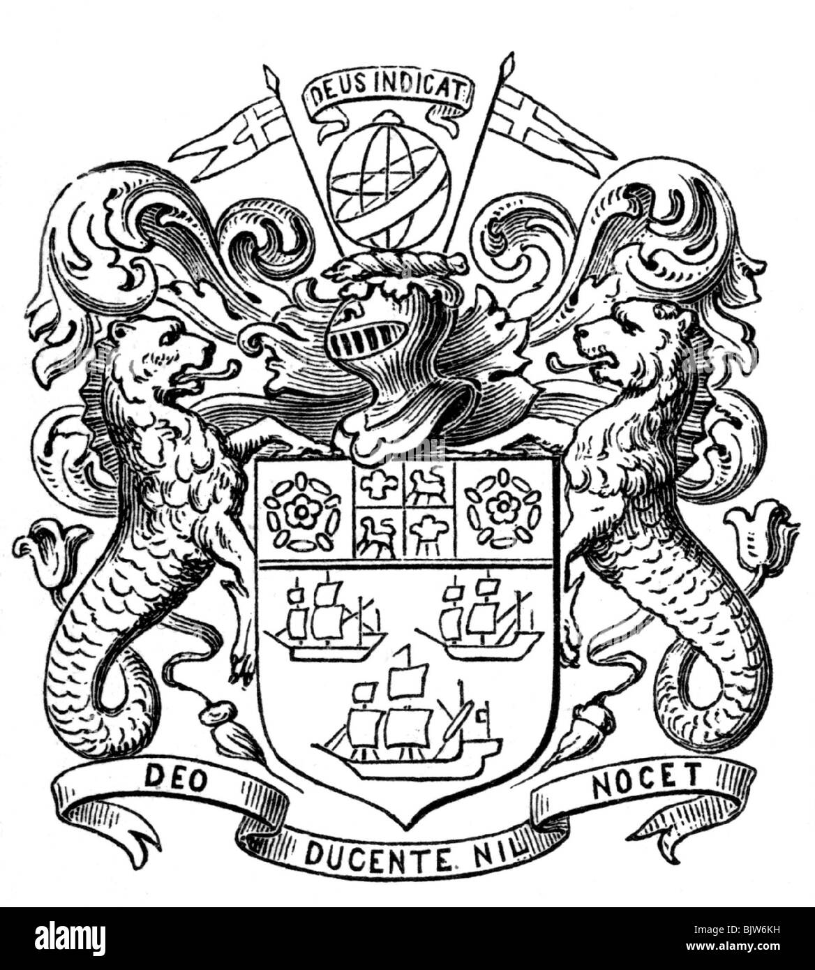 Commercio, società commerciale, British East India Company, stemma, incisione del legno, storico, storico, segno, casco cavalieri, leoni, animale araldico, animali araldici, commercio estero, Foto Stock