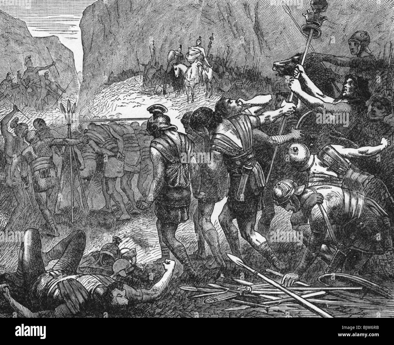 Eventi, Seconda guerra di Samnite 326 - 304 a.C., Battaglia delle forche Caudine, 321 a.C., i Romani sconfitti passando sotto un giogo, incisione in legno, 19th secolo, mondo antico, antichità, Impero Romano, Sanniti, sconfitta, umiliazione, Caudium, Furculae Caudinae, Italia, 4th secolo a.C., storico, mondo antico, persone, Foto Stock