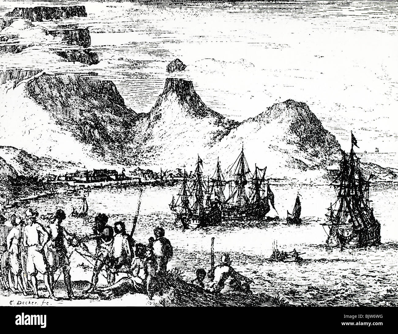 Geografia / viaggio, Sud Africa, Capo Di Buona Speranza con mesa, tabella montagna, incisione, 17th secolo, storico, storico, Sud-Africa, Sud Africa, Sud Africa, trasporto, trasporto, navigazione, barca a vela, navi, baia, costa, costa, coste, coste, costa, montagne, persone, Foto Stock