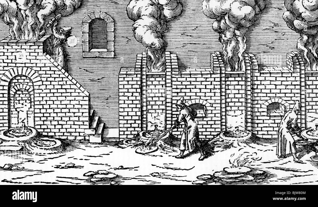 Metalli, lavorazioni, forni fusori, incisione da "rapporto di lavorazione" di Loehney, 1617; Foto Stock