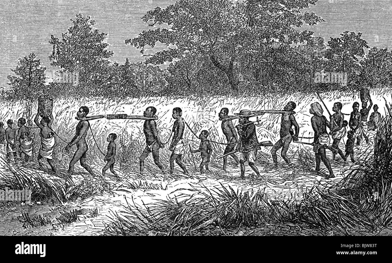 Schiavitù, schiavi catturati in Africa, incisione del legno, 19th secolo, storico, storico, commerciale, driver slave, nativo, indigeno, indigena, indigena, indigeni, tribali, africani, etnici, etnologia, in catene, Foto Stock