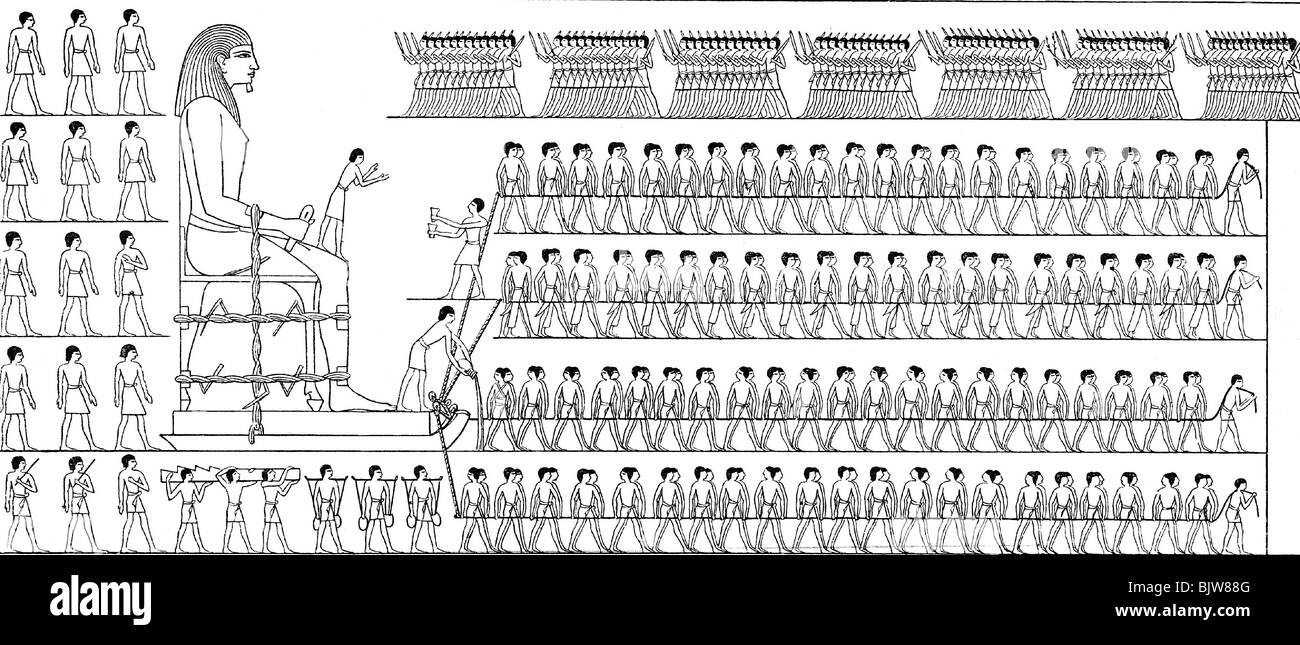 Geografia / viaggio, Egitto, trasporto di una statua colossale, disegno dopo relieg, dinastia 11th, circa 2000 AC, storico, storico, slitta, corridore, corridori, schiavo, schiavi, forza muscolare, forza muscolare, trazione, lubrificazione, caposquadra, caposquadra, caposquadra, luogo caposquadra, mondo antico, persone, Foto Stock