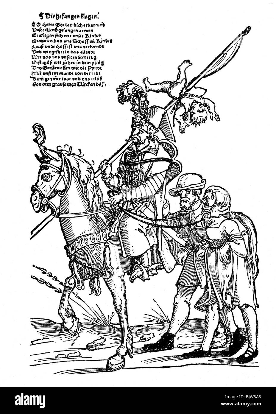 Eventi, Guerre Ottomane, soldato turco con bambino impalato e catturato contadini, dépliant, woodcut, per un opuscolo di Hans Guldenmundt, circa 1529, Foto Stock