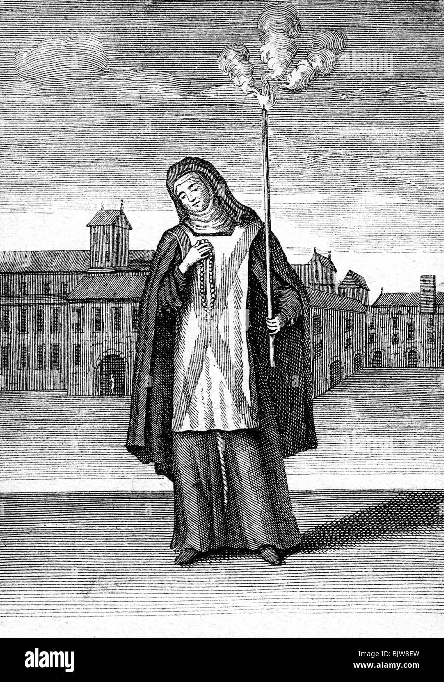 Magistratura, inquisizione, condanna, eretico femminile in reprizione, strangolamento prima della morte per bruciatura, incisione in rame di B. Piave, 1722, Foto Stock