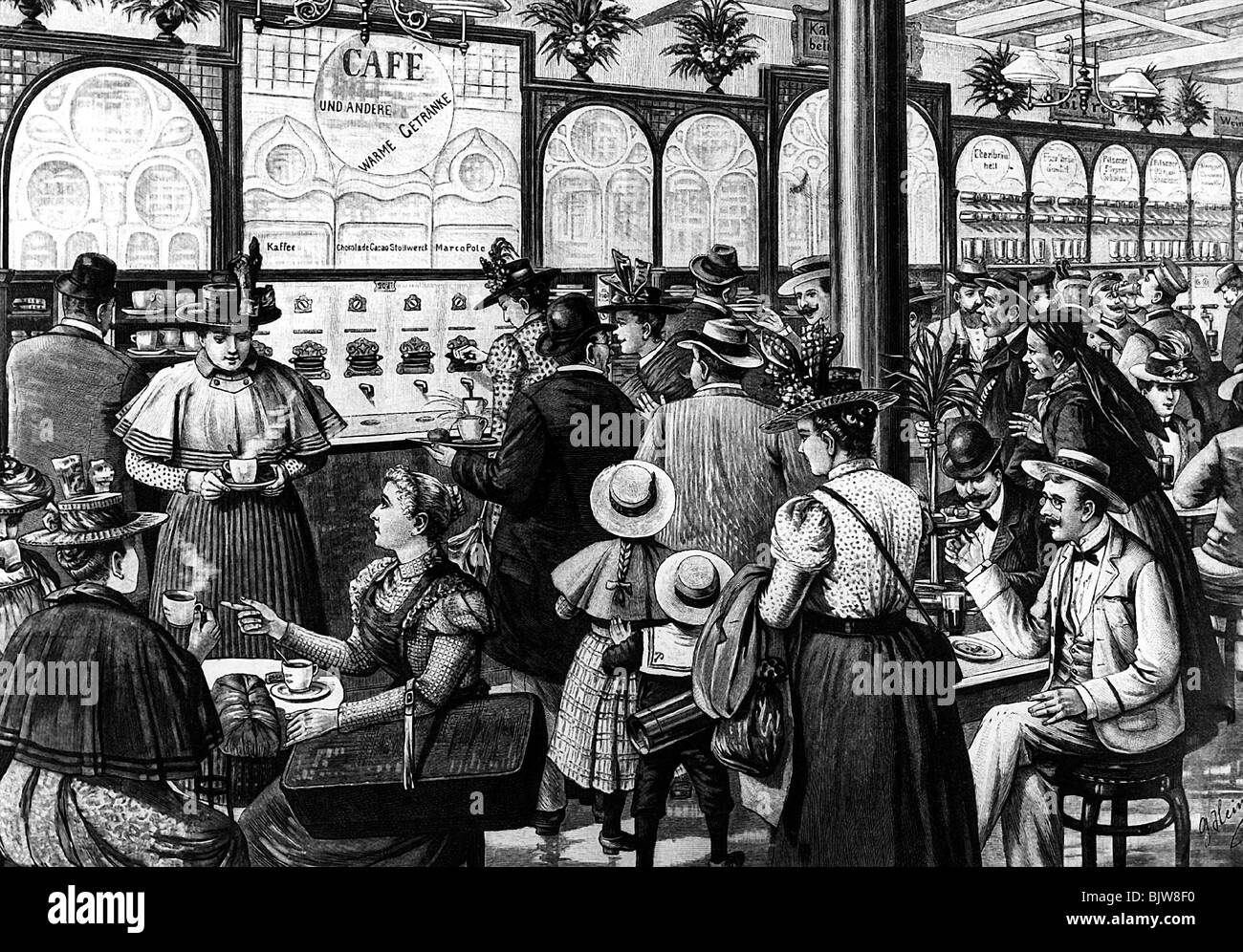 Gastronomia, caffè, macchine automatiche, ristorante, Monaco, disegno di G. Heine, 1898, Foto Stock