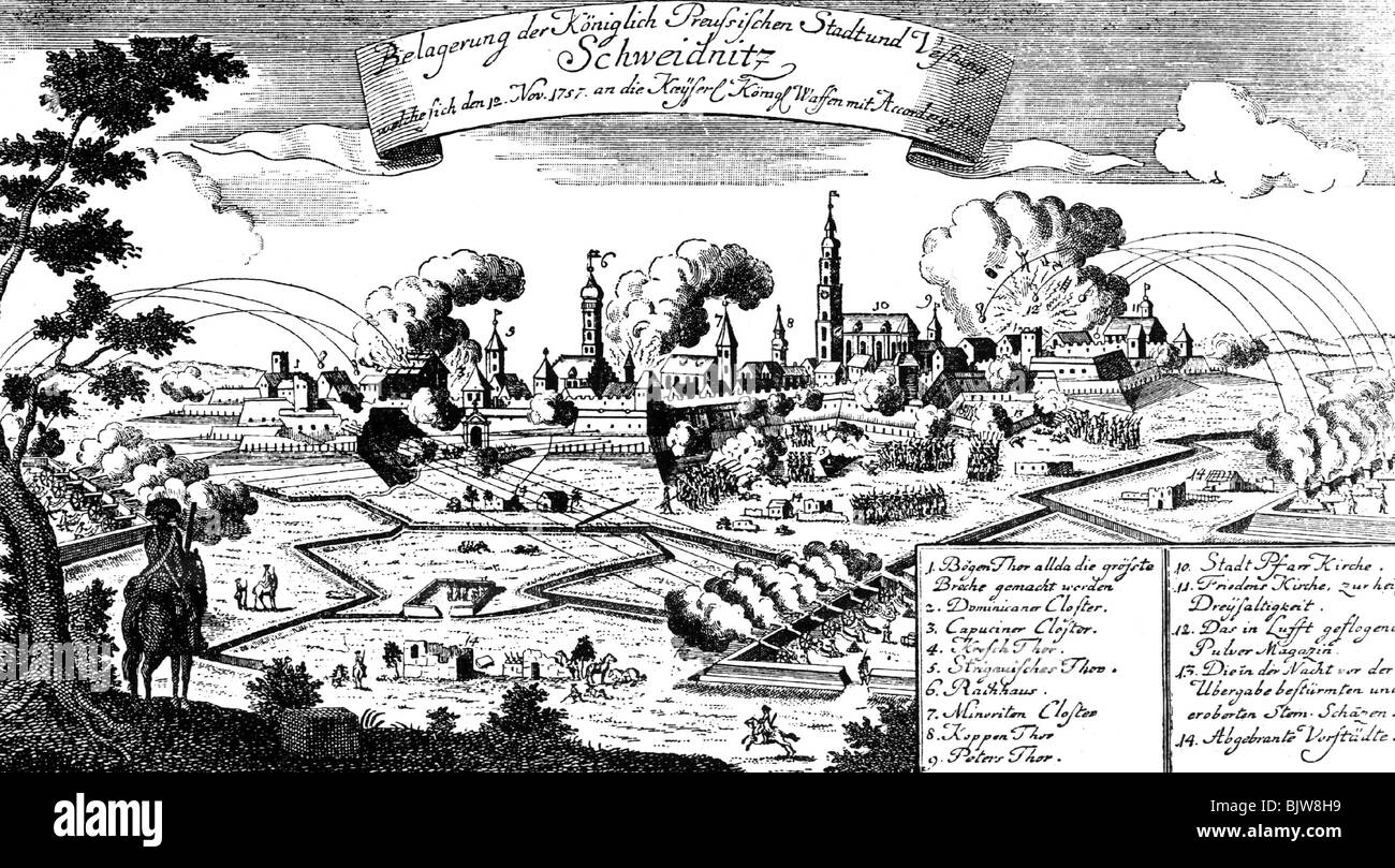 Guerra dei sette Anni 1756 - 1763, assedio di Schweidnitz, 1762, incisione contemporanea del rame, Terza guerra della Slesia, prussiani, Prussia, Slesia, Polonia, 18th secolo, storico, storico, popolare, Foto Stock