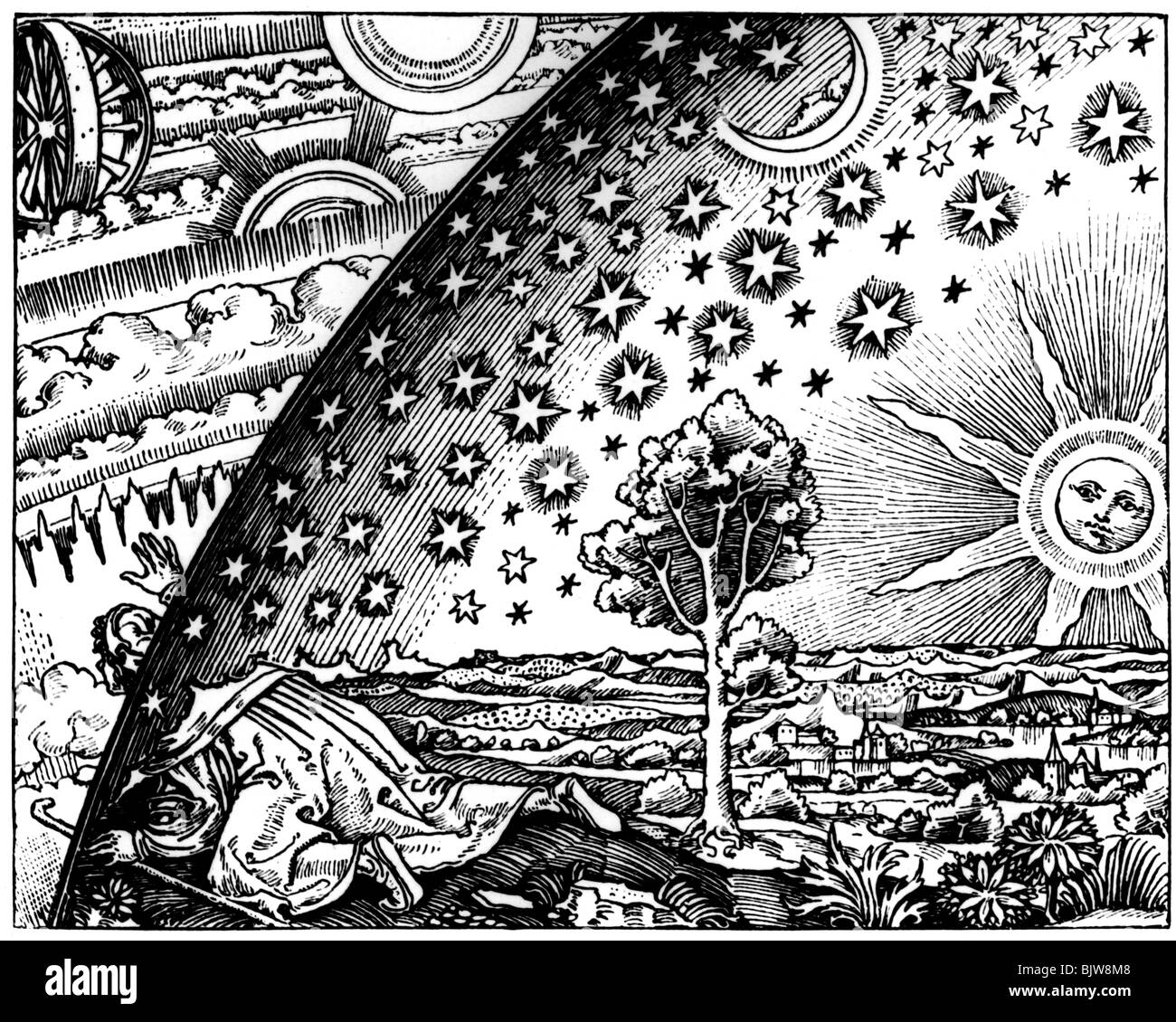 Astronomia, immaginazione del mondo, 'uno sguardo nel cosmo sconosciuto', artista sconosciuto, 15th / 16th secolo, Foto Stock