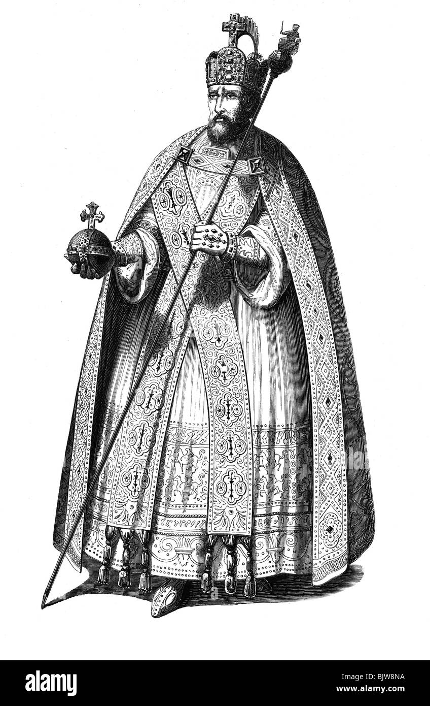 Eraldica, simboli, insegne imperiali, imperatore del Sacro Romano Impero dell'Impero tedesco con regalia di incoronazione, dopo incisione in rame del 1579, incisione in legno di Bisson e Cottaro, 19th secolo, Foto Stock