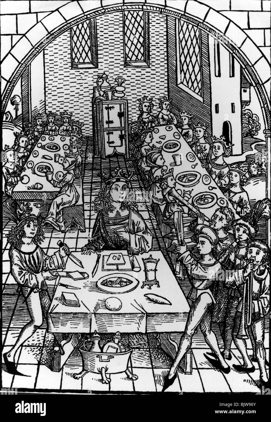 Gastronomia, pasto, tavola reale, legno di Michael Wohlgemut, Norimberga, 1491, Foto Stock