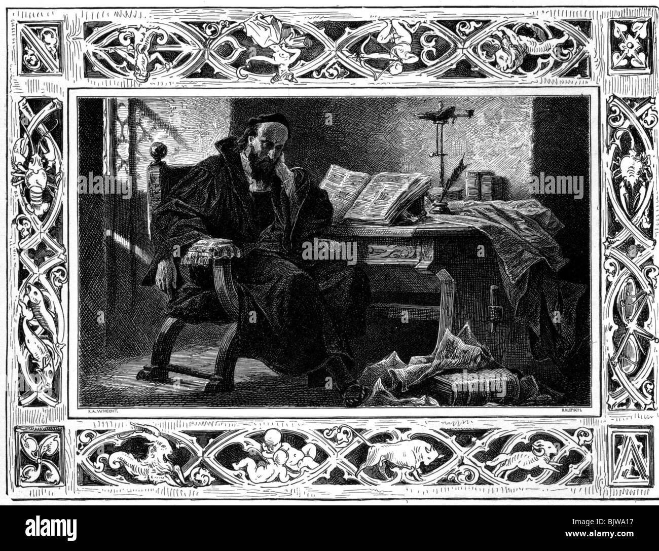 Letteratura, 'Faust i', scena 1st, 'Study', scena con Faust, incisione in legno di Alexander Liezen Mayer, circa 1870, Foto Stock