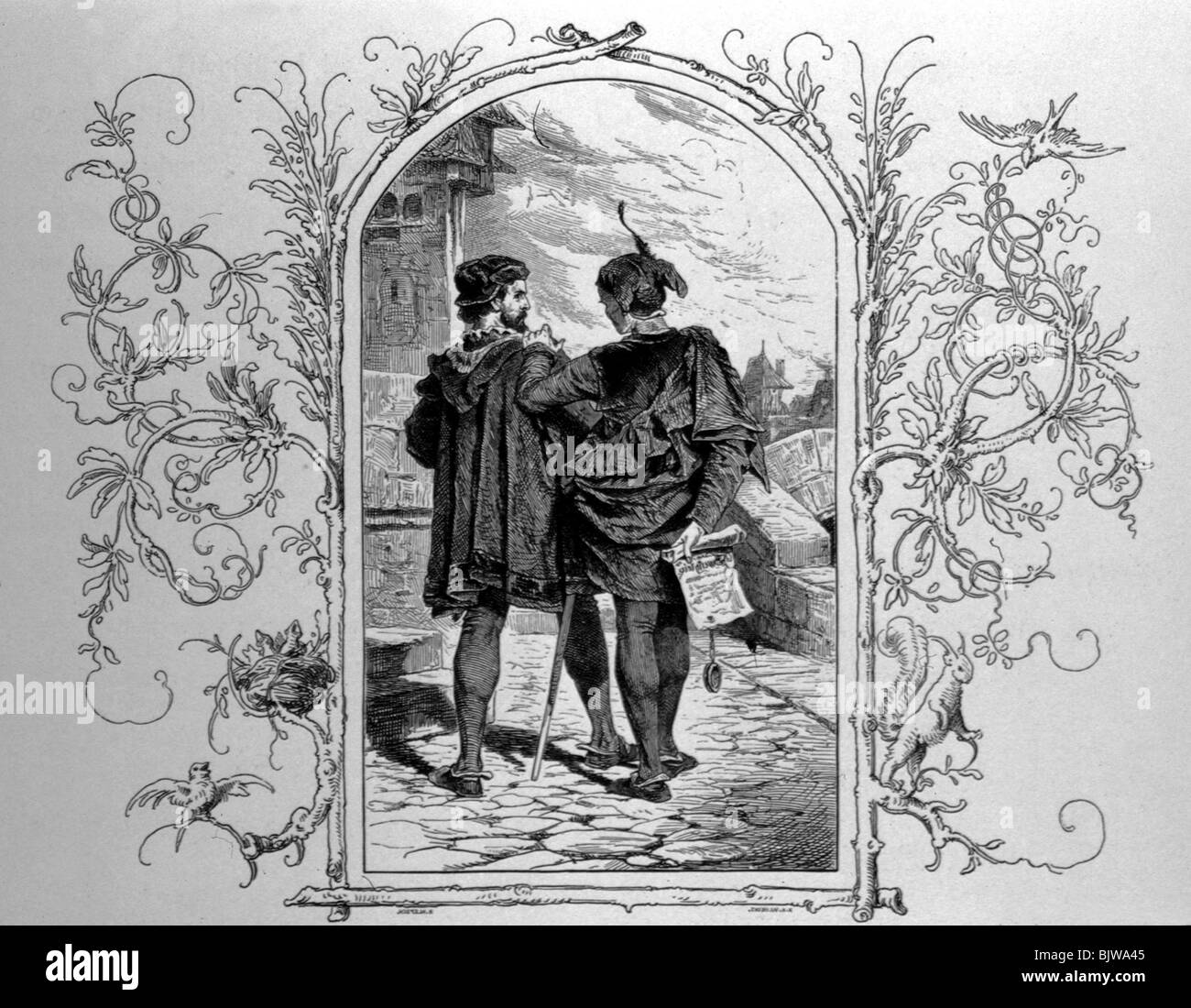 Letteratura, 'Faust i', 12th scena 'Giardino', Faust e Mephistopheles, incisione in legno di W. Hecht, circa 1870, Foto Stock