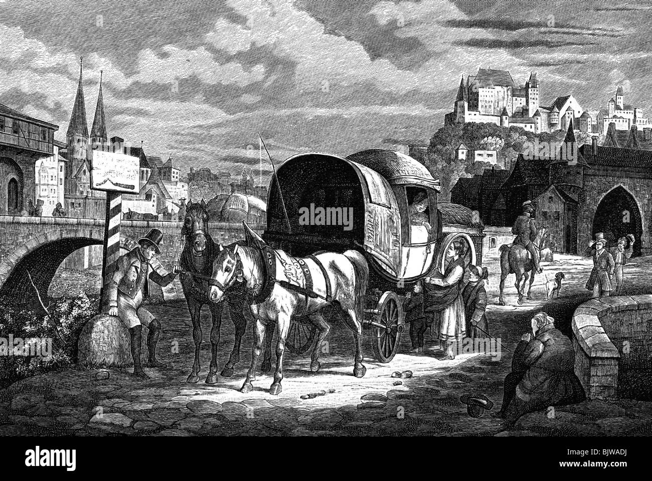 Mail / post, mail coach, pullman alla porta della città, dopo acquerello da Moritz v. Schwind (21.1.1804 - 8.2.1871), incisione del legno, 19th secolo, storico, storico, pullman, carrozza, carrozze, resto, postillion, cancello, cancelli, strada, persone, Foto Stock