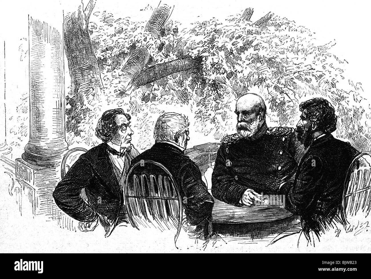 Bismarck, otto von, 1.4.1815 - 30.7.1898, politico tedesco, Cancelliere dell'Impero tedesco 1871 - 1890, a metà lunghezza, conversazione con Disraeli, Andrassy e Gortschakow, durante il congresso di Berlino, 1878, incisione contemporanea in legno di H. Lüders, Foto Stock