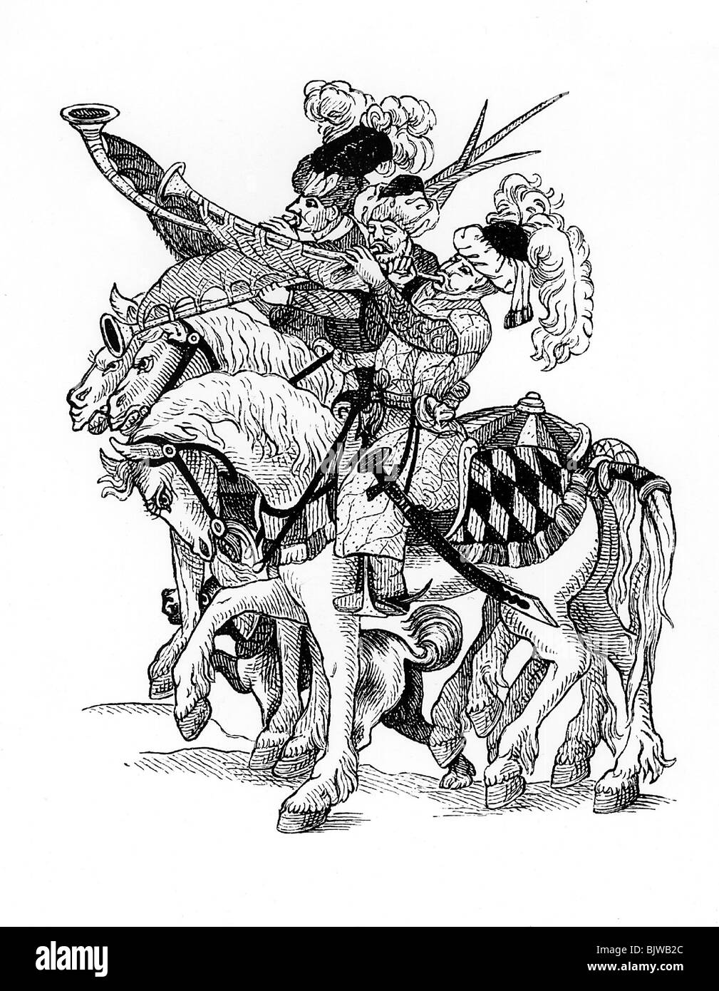 Militare, Impero Ottomano, trombettatrici montate in turco, woodcut, 16th secolo, storico, storico, guerre, guerra, cavalleria, musica militare, musicista, musicisti, staffup, staffe, storico, storico, persone, Foto Stock