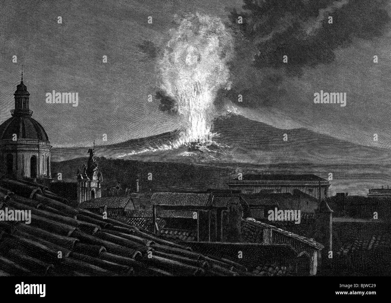 Geografia / viaggio, Italia, vulcano, Etna, Sicilia, durante l'eruzione, incisione del legno, 19th secolo, , Foto Stock