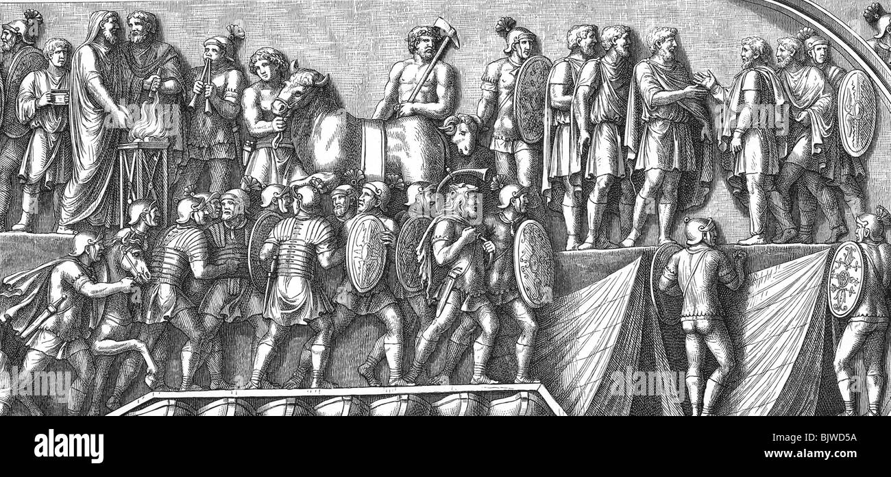 Eventi, Marcomannic Wars 166 - 180 truppe romane attraversare il Danubio, l'imperatore Marco Aurelio riunione inviati incisione su legno, 19 Foto Stock