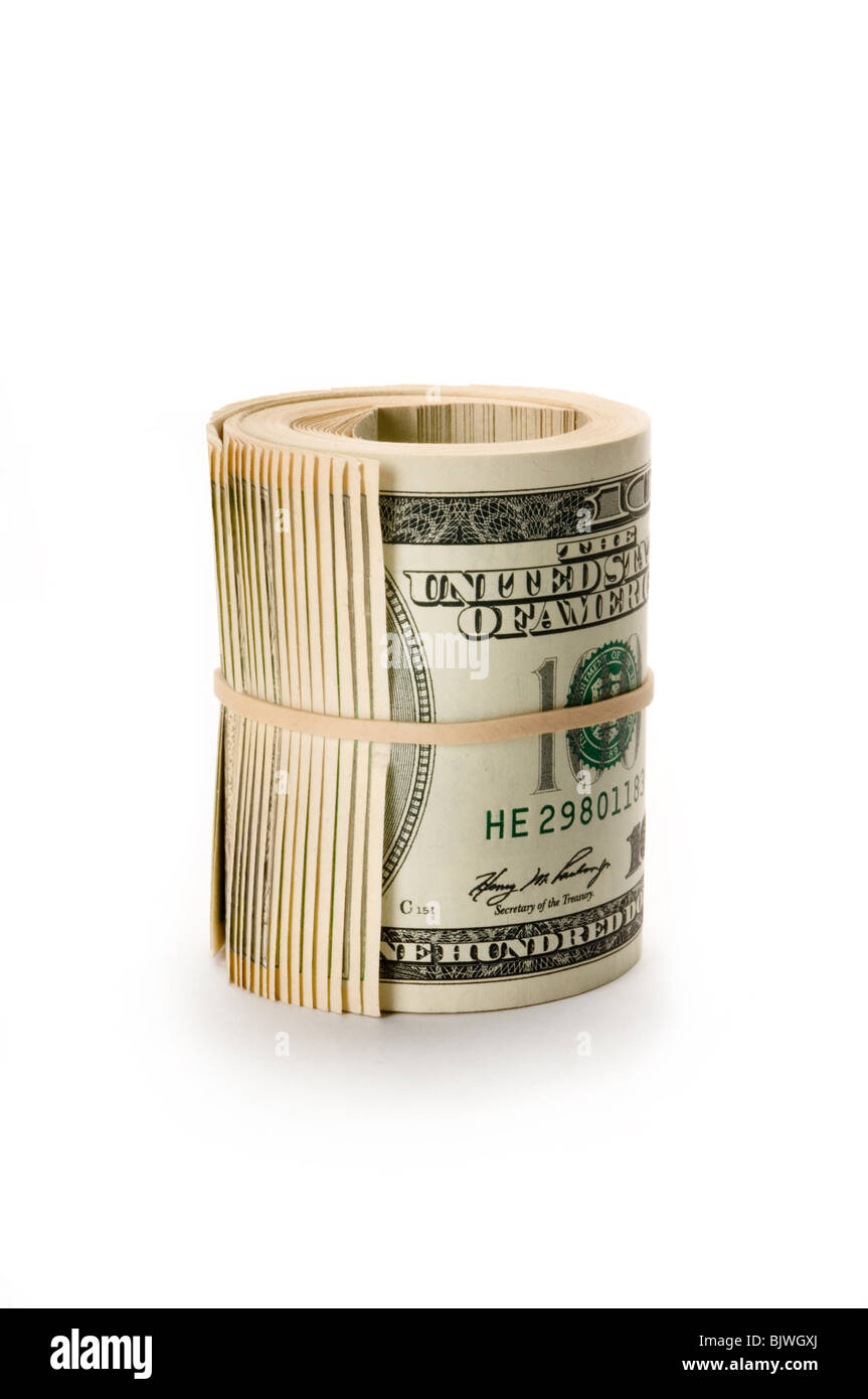 Rotolo di fatture del dollaro su bianco Foto Stock
