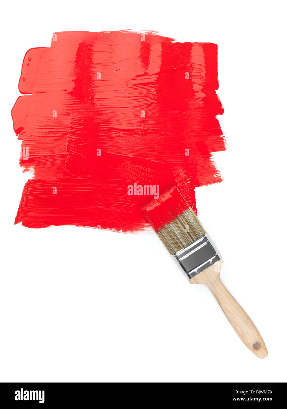 La vernice rossa copyspace e un pennello su sfondo bianco Foto Stock