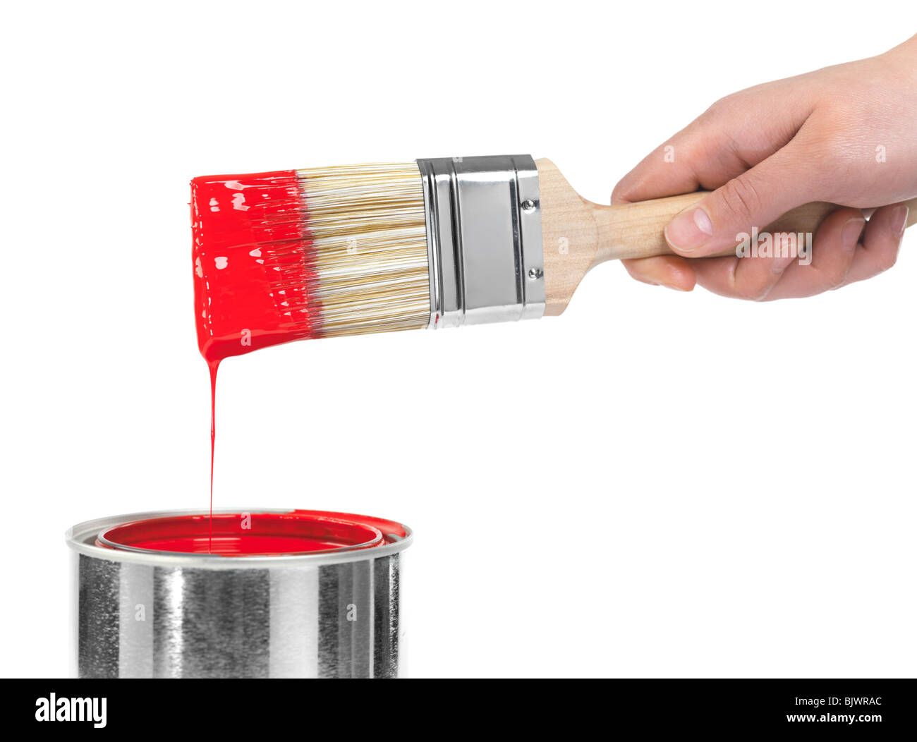 Persona in possesso di un pennello immerso in vernice rossa isolato su sfondo bianco Foto Stock