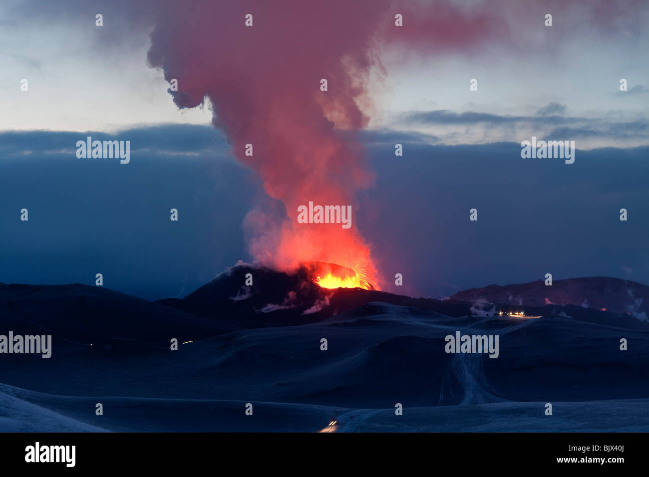 Eruzione vulcanica a Fimmvorduhals in Eyjafjallajokull, Islanda Foto Stock