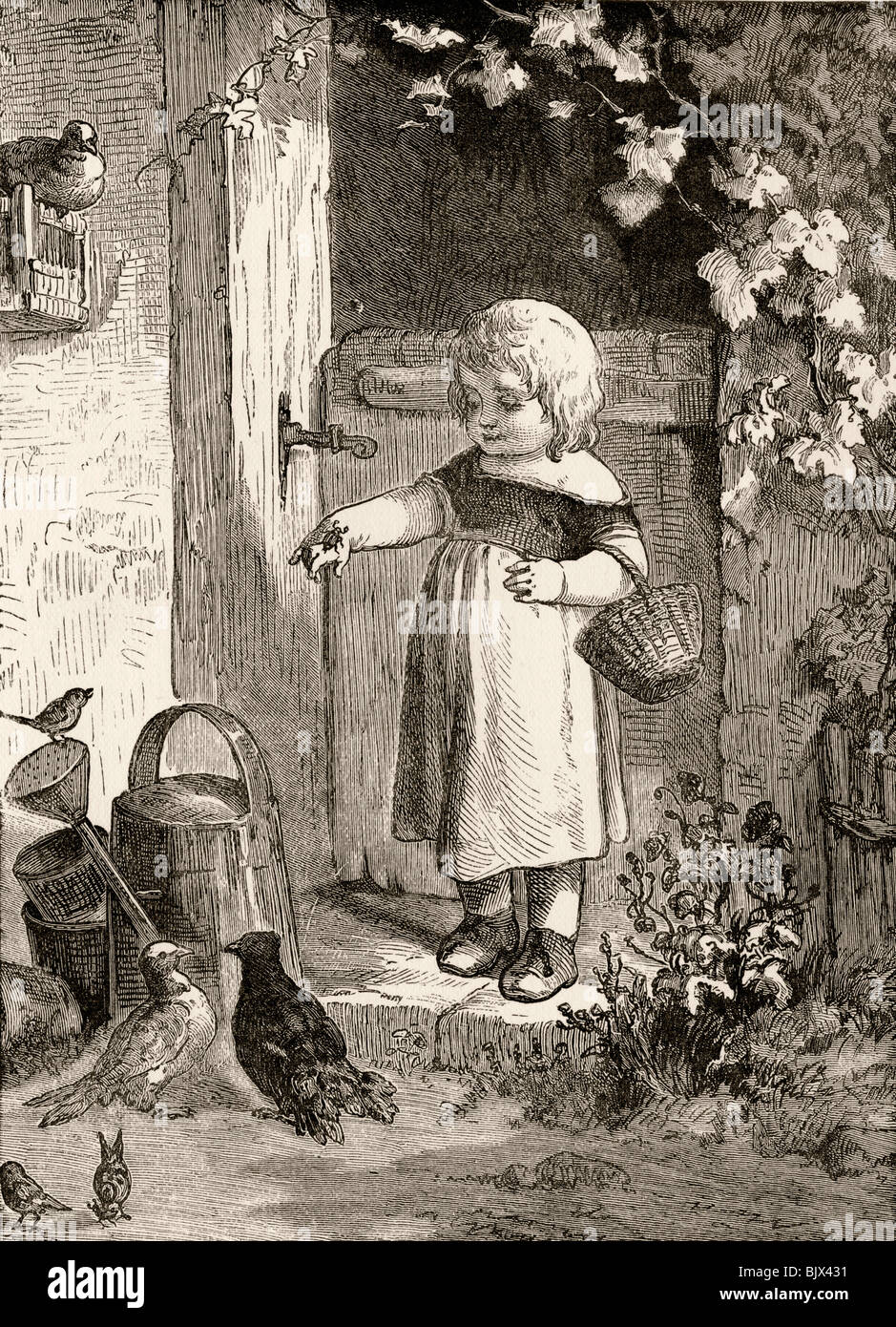 Esempio del XIX secolo libro per bambini illustrazione. Bambina con insetto sulla sua mano in impostazione da cortile. Foto Stock