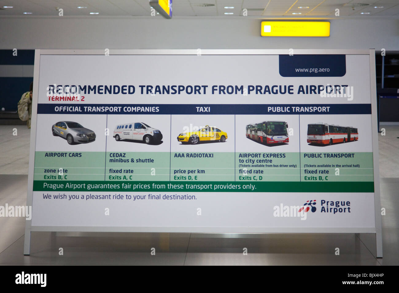 Segno per il trasporto consigliato accanto a carosello bagagli in aeroporto di Ruzyně Aeroporto, Repubblica Ceca Foto Stock