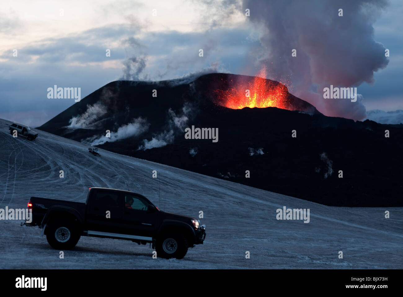 Eruzione vulcanica a Fimmvorduhals in Eyjafjallajokull, Islanda Foto Stock