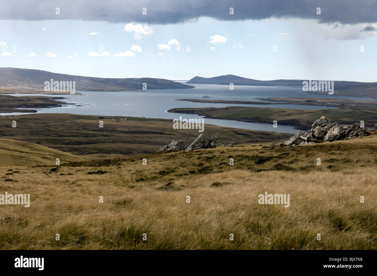 Vista su San Carlos acqua nelle isole Falkland Foto Stock