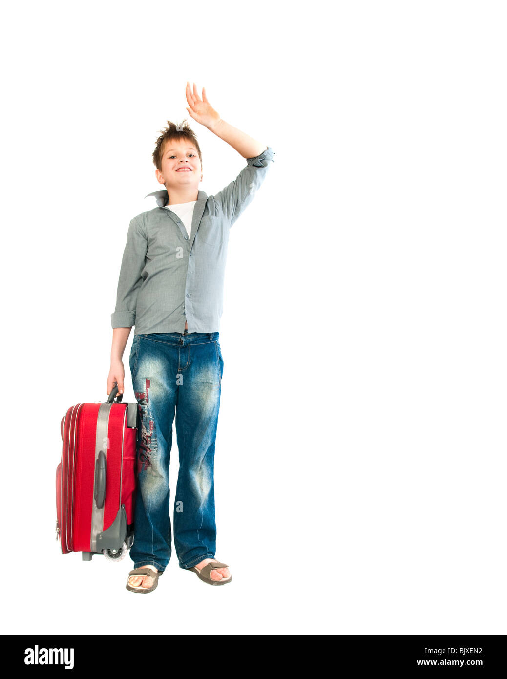 Adolescente con una valigia. Isolamento sul bianco Foto Stock