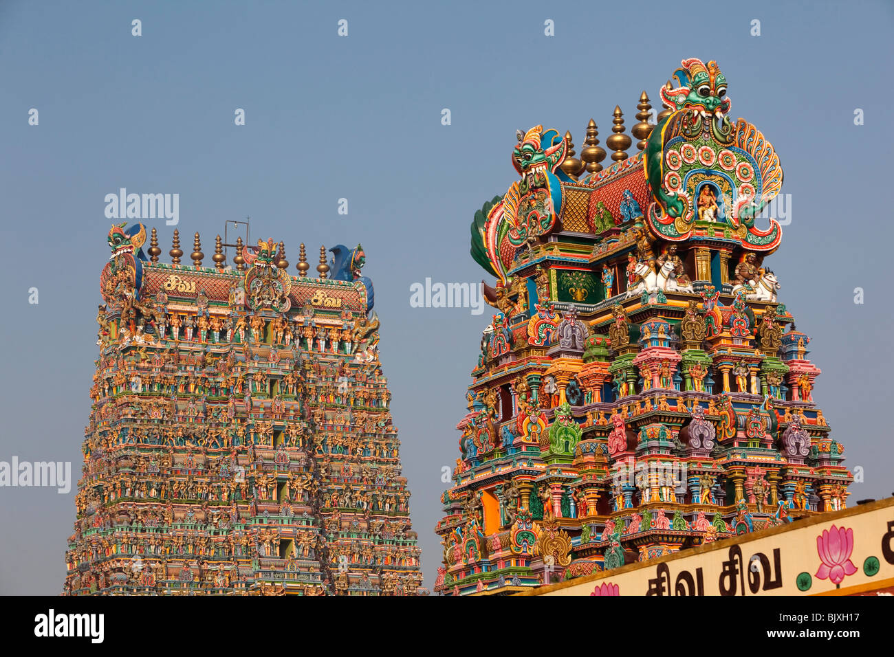 India, nello Stato del Tamil Nadu, Madurai, Sri Meenakshi Temple, restaurato recentemente occidentale e centrale gopurams Foto Stock
