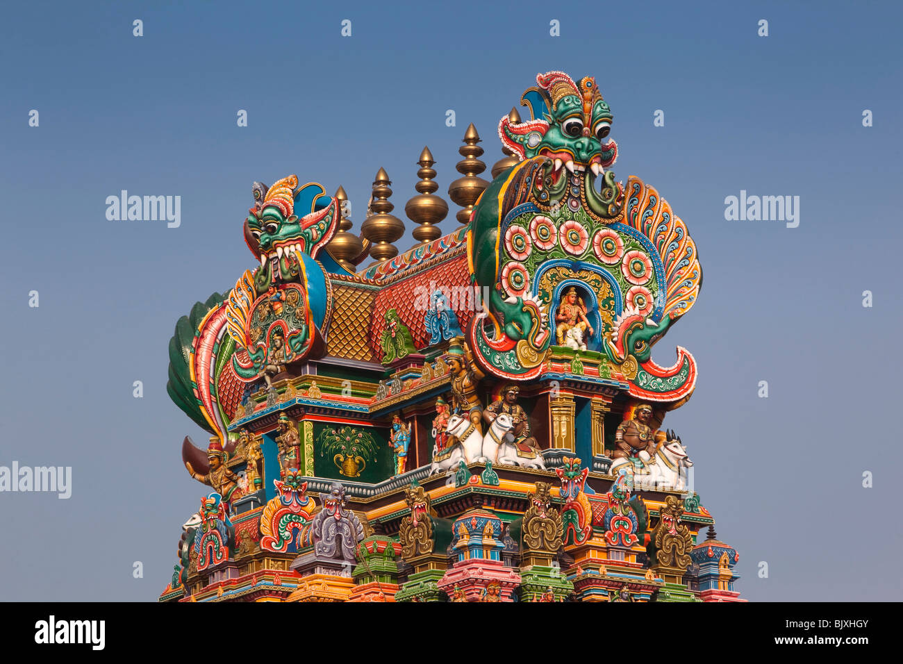 India, nello Stato del Tamil Nadu, Madurai, Sri Meenakshi Temple, restaurato recentemente centrale santuario Sundareshvara gopuram pinnacle Foto Stock