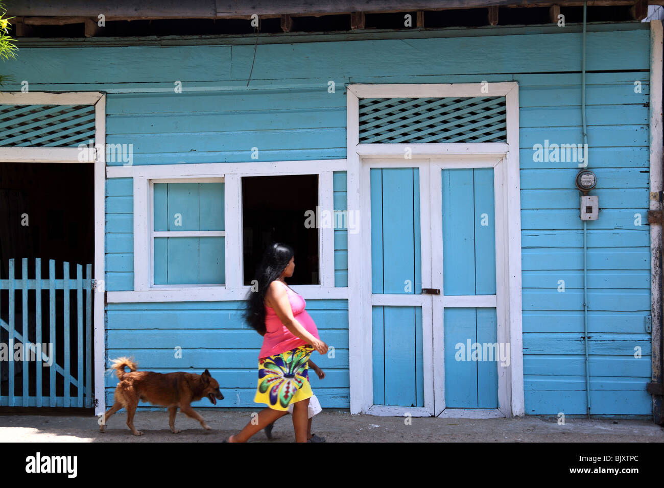 Embera lady e cane passando davanti della tradizionale casa in legno , La Palma , Darien , Panama Foto Stock