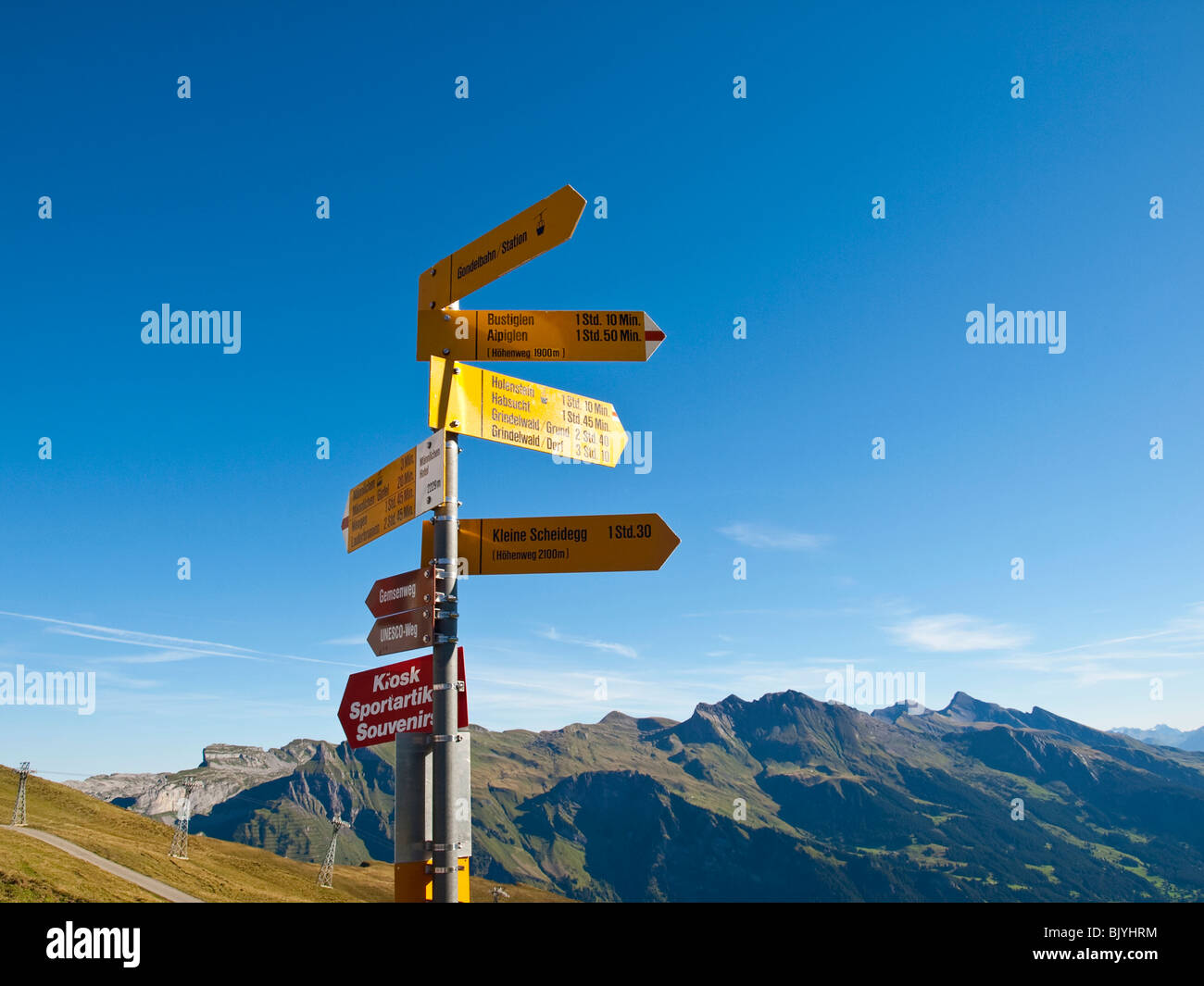 Segno direzionale sul sentiero escursionistico in Svizzera Foto Stock